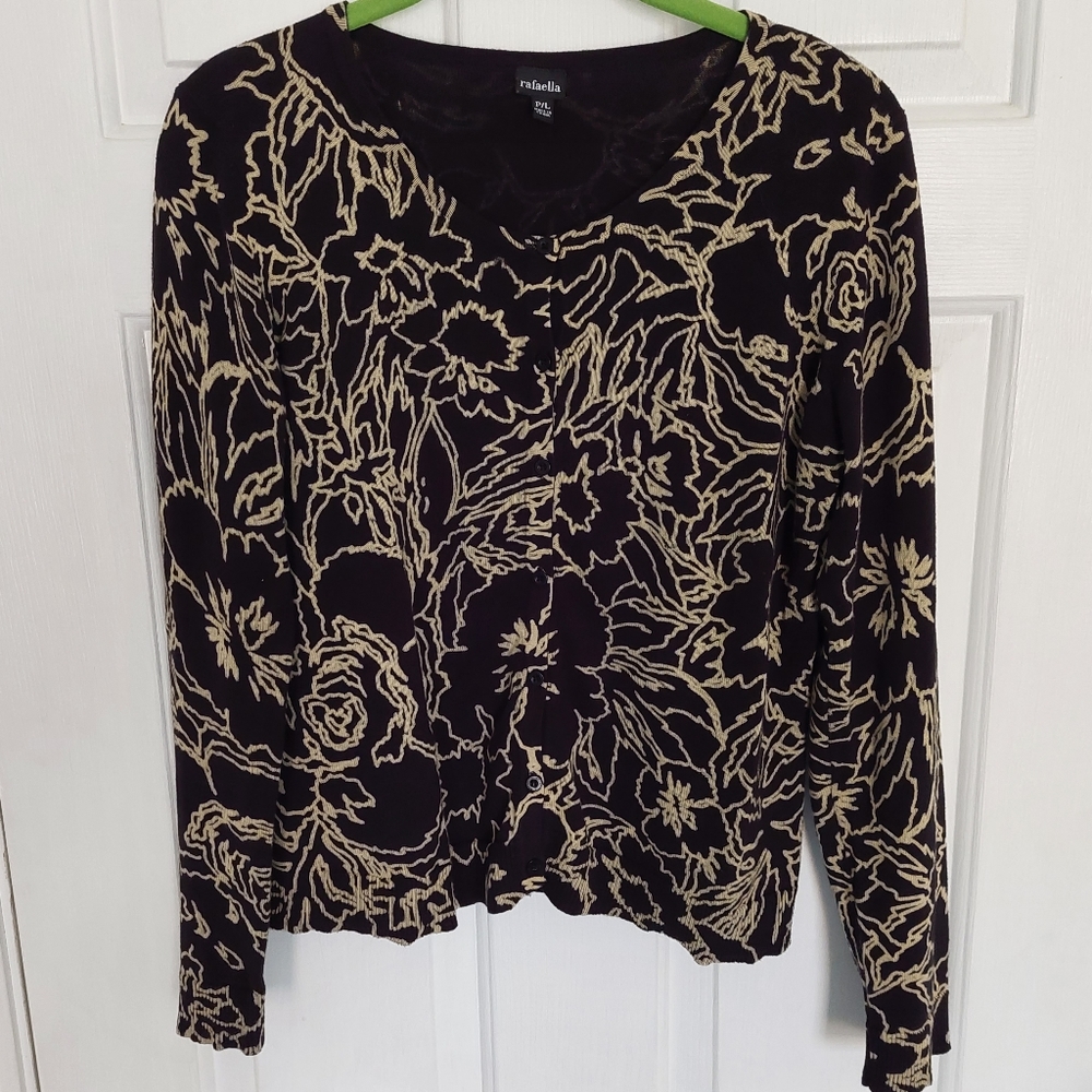 Rafaella PL black and tan floral button down cardigan sweater